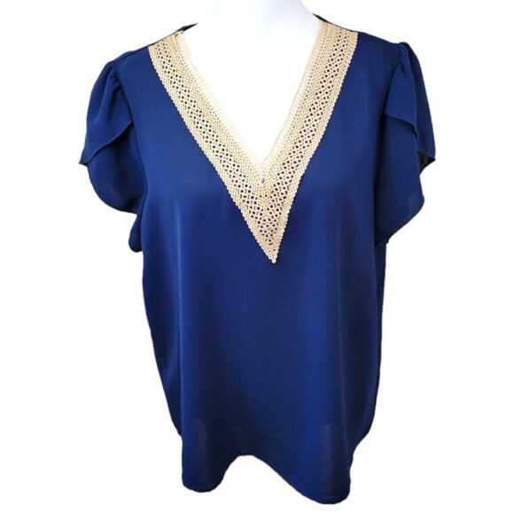 Shein Flutter Sleeve Lace Detail V-Neck Navy Semi Sheer Blouse Women's Size L - Picture 1 of 11